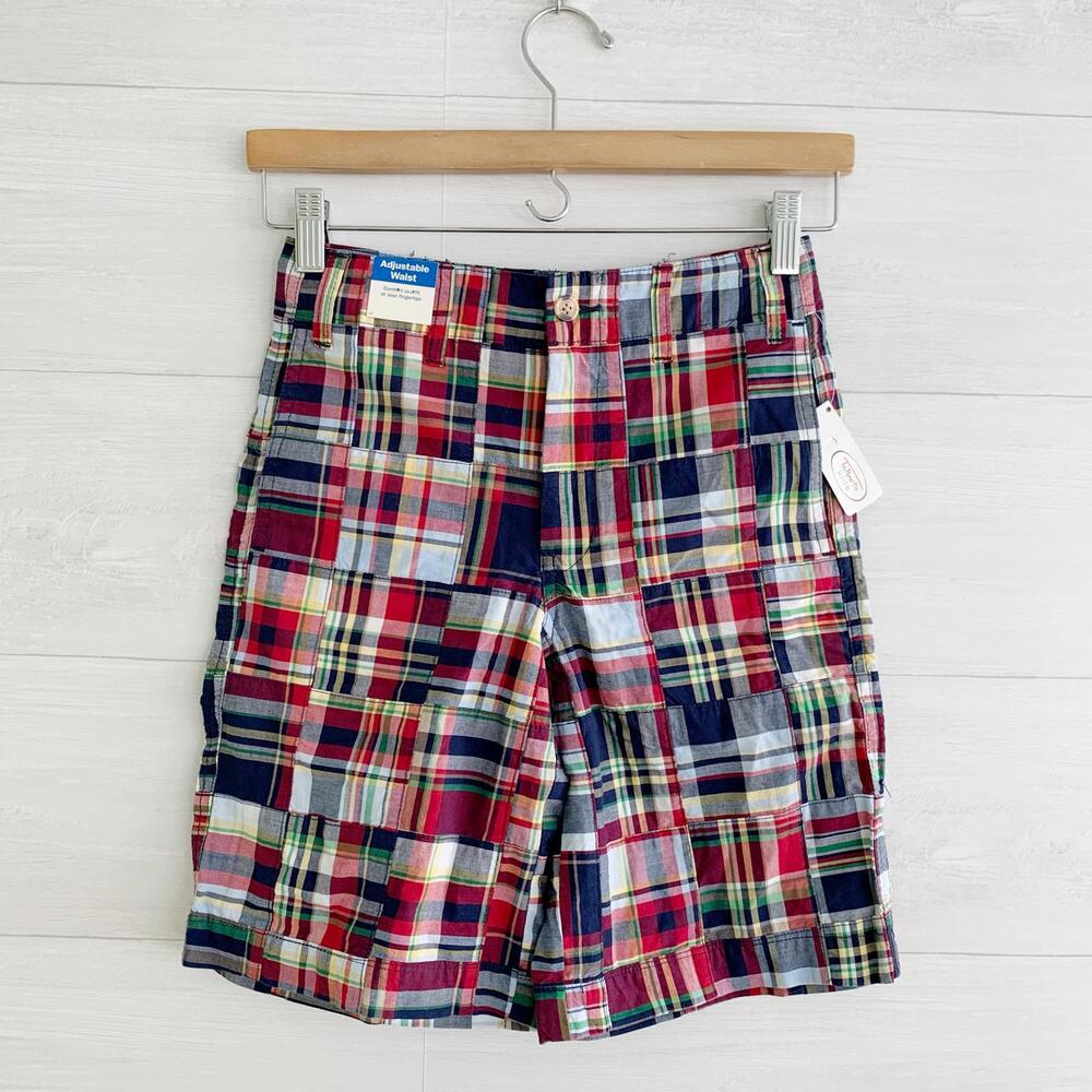 NWT Talbots Kids - Navy plaid patchwork chino shorts adjustable waist, sz 10